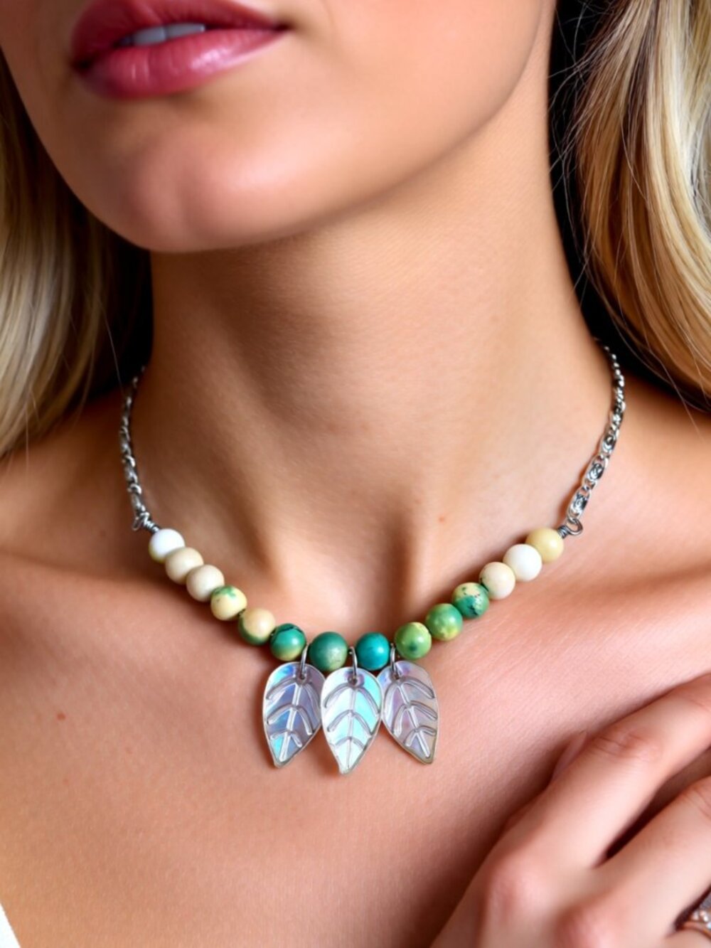 Feminine Essence - Beaded Leaf Choker Bib Necklace for Gardeners & Plant Lovers